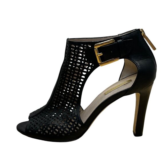 Louise Et Cie Womens Black Leather Adjustable Buckle Peep-Toe Heels Size 7.5B - Picture 4 of 10